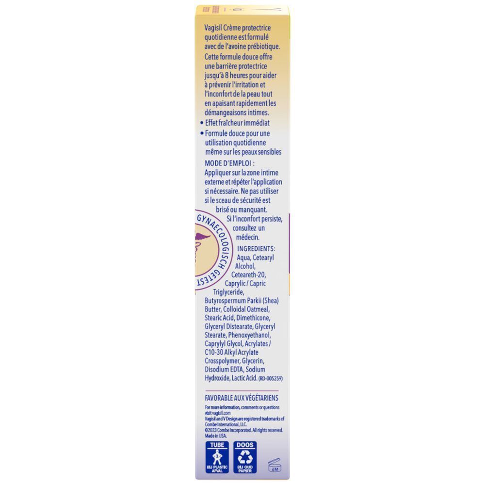 Dos de l'emballage de Vagisil Crème Protectrice Quotidienne. Texte sur les ingrédients et l'utilisation. Testé gynécologiquement.