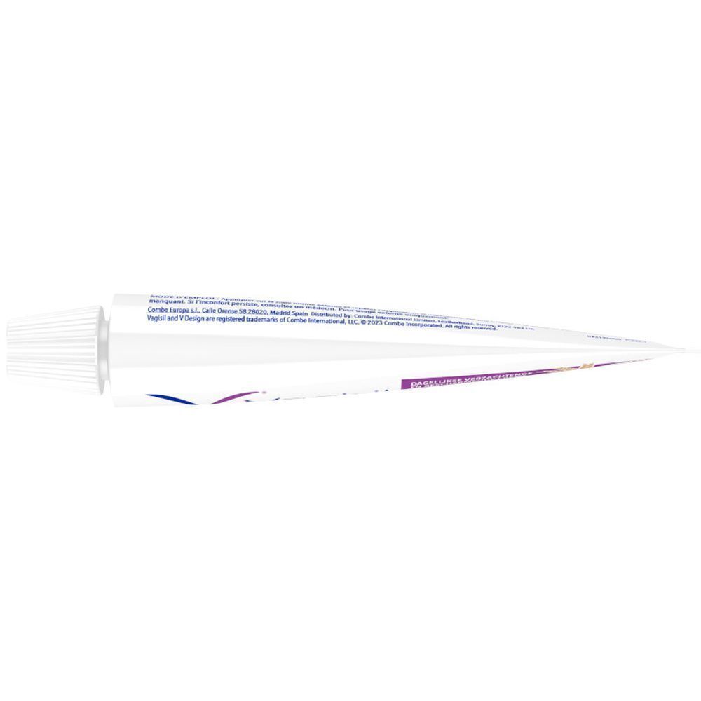 Tube de Vagisil Crème Protectrice Quotidienne, vu de côté. Blanc avec logo violet et texte.