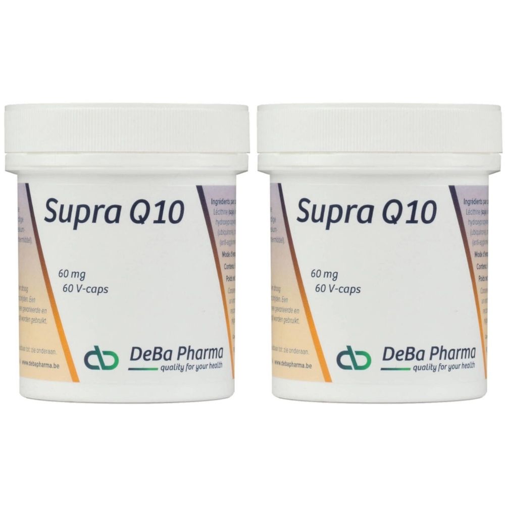 Deux pots blancs avec couvercles. Inscription Supra Q10, 60 mg, 60 V-caps. Logo DeBa Pharma.
