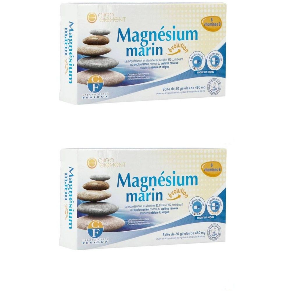 Deux boîtes de "Magnésium marin évolution". Chaque boîte contient 60 gélules. Logo de la marque et des pierres empilées.