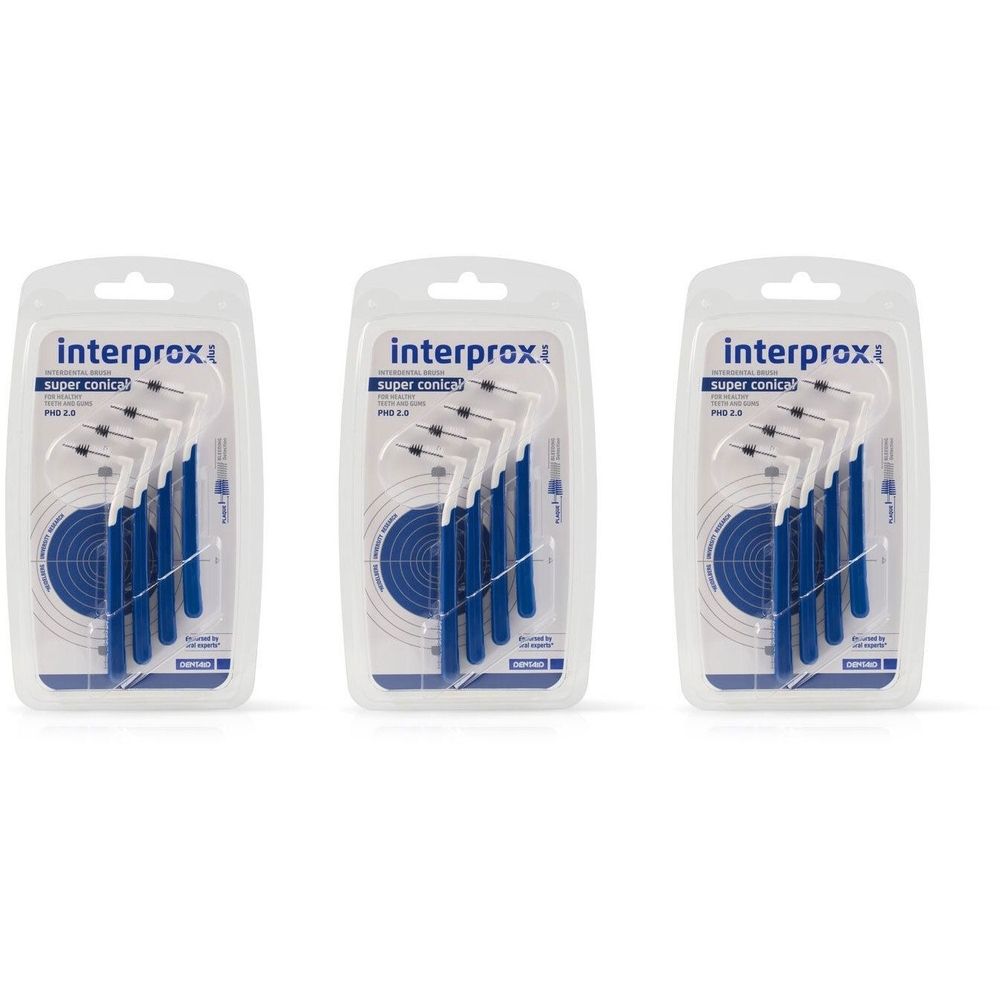 Trois blisters de brossettes Interprox® Plus Super Conical Bleu Foncé. Manches bleues, soies blanches, emballage transparent.