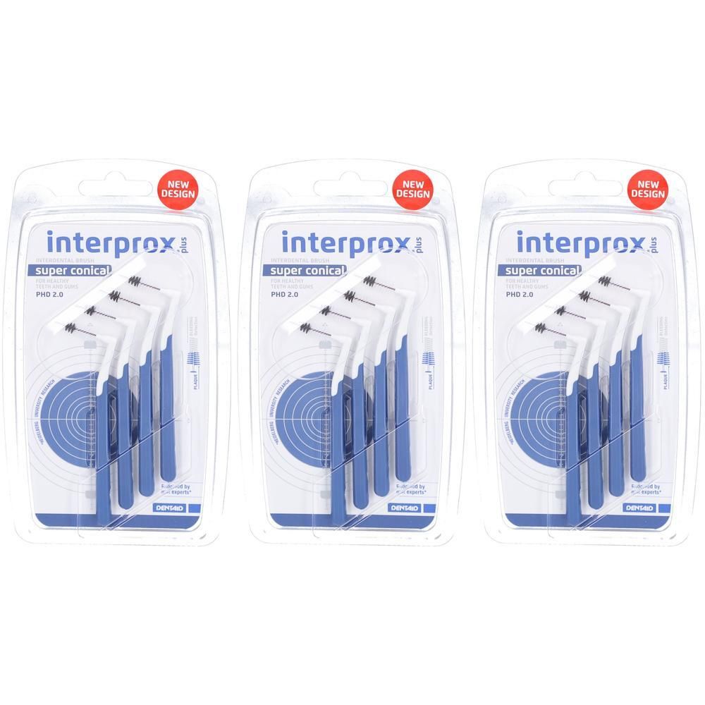 Trois blisters de brossettes interdentaires bleu foncé. Chaque paquet contient plusieurs brosses avec une tête blanche.