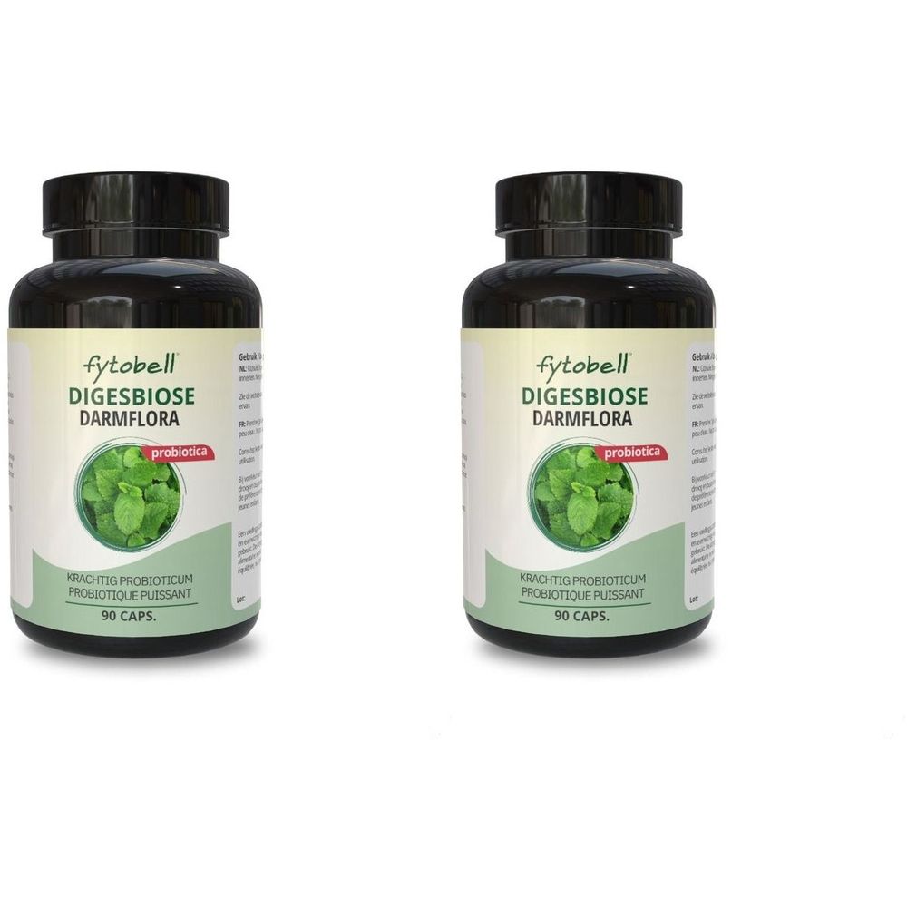 Twee flessen met zwarte dop. Etiket met "fytobell DIGESBIOSE DARMFLORA". Groene afbeelding. Tekst: "probiotica".
