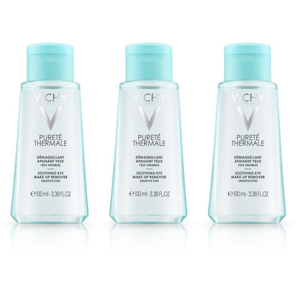 Drie flessen Vichy Pureté Thermale oogmake-up remover. Transparante flessen met lichtblauwe doppen. Tekst op etiket.