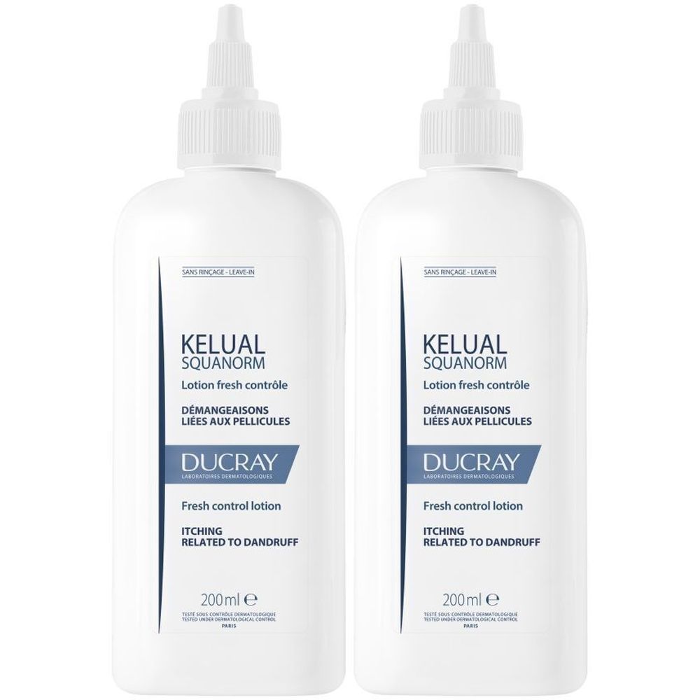 Twee witte flessen met doseerdop. Opschrift: KELUAL SQUANORM, DUCRAY, Fresh control lotion, 200ml.
