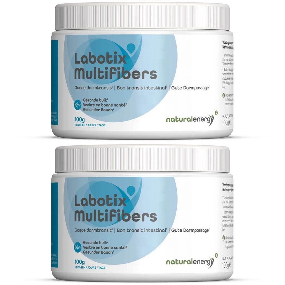 Twee witte potten met blauwe etiketten. Opschrift: Labotix Multifibers, 100g, naturalenergy. Voor een goede darmpassage.