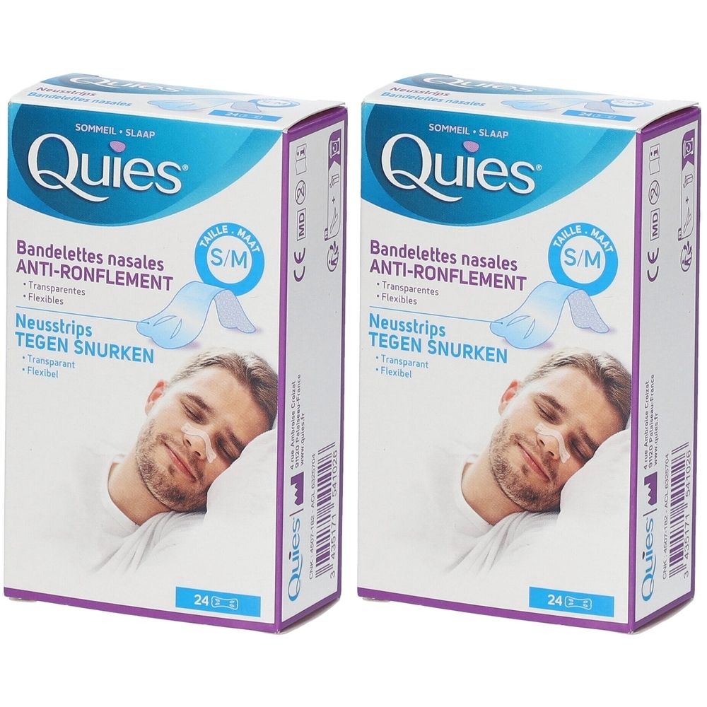 Twee dozen Quies neusstrips tegen snurken, maat S/M. Afbeelding van een man. 24 stuks.