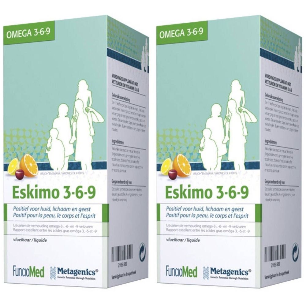 Twee dozen met opschrift «Eskimo 3-6-9». Bovenkant: «OMEGA 3-6-9». Opschrift: «Positief voor huid, lichaam en geest». Merken: FuncoMed, Metagenics.
