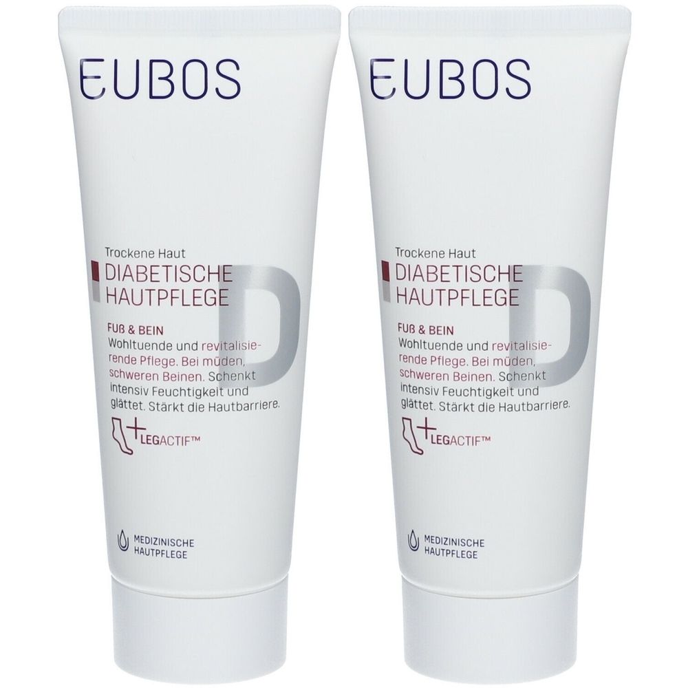 Deux tubes de crème Eubos Diabetics Skincare Pieds et Jambes. Tubes blancs avec texte bleu et logo. Texte: Soin de la peau diabétique, pieds et jambes.