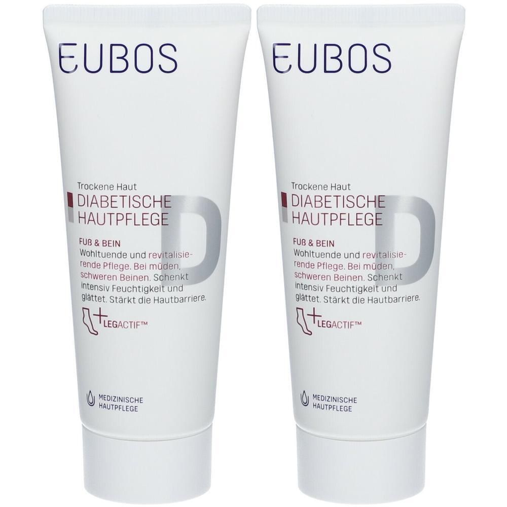 Twee tubes EUBOS® MED DIABETES HAUTPFLEGE. Witte tubes met tekst en logo. Tekst: FUB & BEIN, LEGACITF, Medizinische Hautpflege.