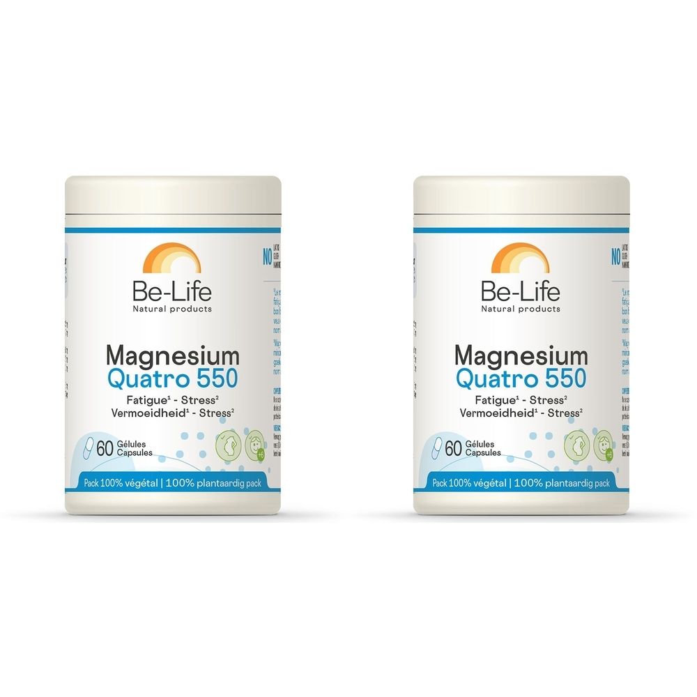 Twee witte flacons met "Be-Life Magnesium Quatro 550". Opschrift: "Fatigue - Stress". Bevat 60 capsules. Verpakking met logo.