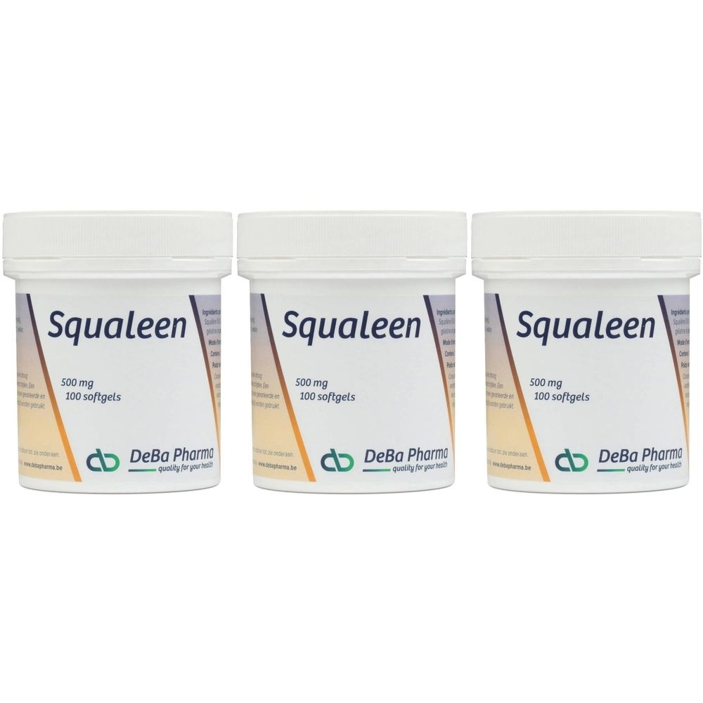 Trois boîtes blanches avec "Squaleen 500 mg". Marque "DeBa Pharma".