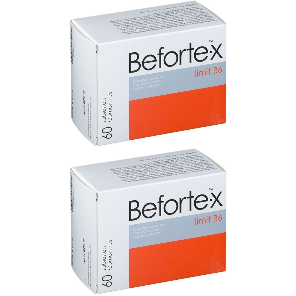 Twee witte dozen met rode streep. Opschrift: Befortex limit B6. 60 tabletten. Tekst in het Duits en Frans.