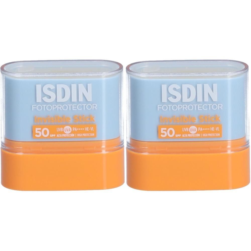 Twee ISDIN Fotoprotector Invisible Stick SPF50. Blauwe en oranje verpakking met productnaam en SPF-waarde.