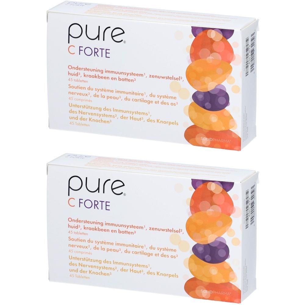 Twee dozen Pure C Forte. Witte verpakking met productnaam en fruitillustraties. Tekst in meerdere talen.