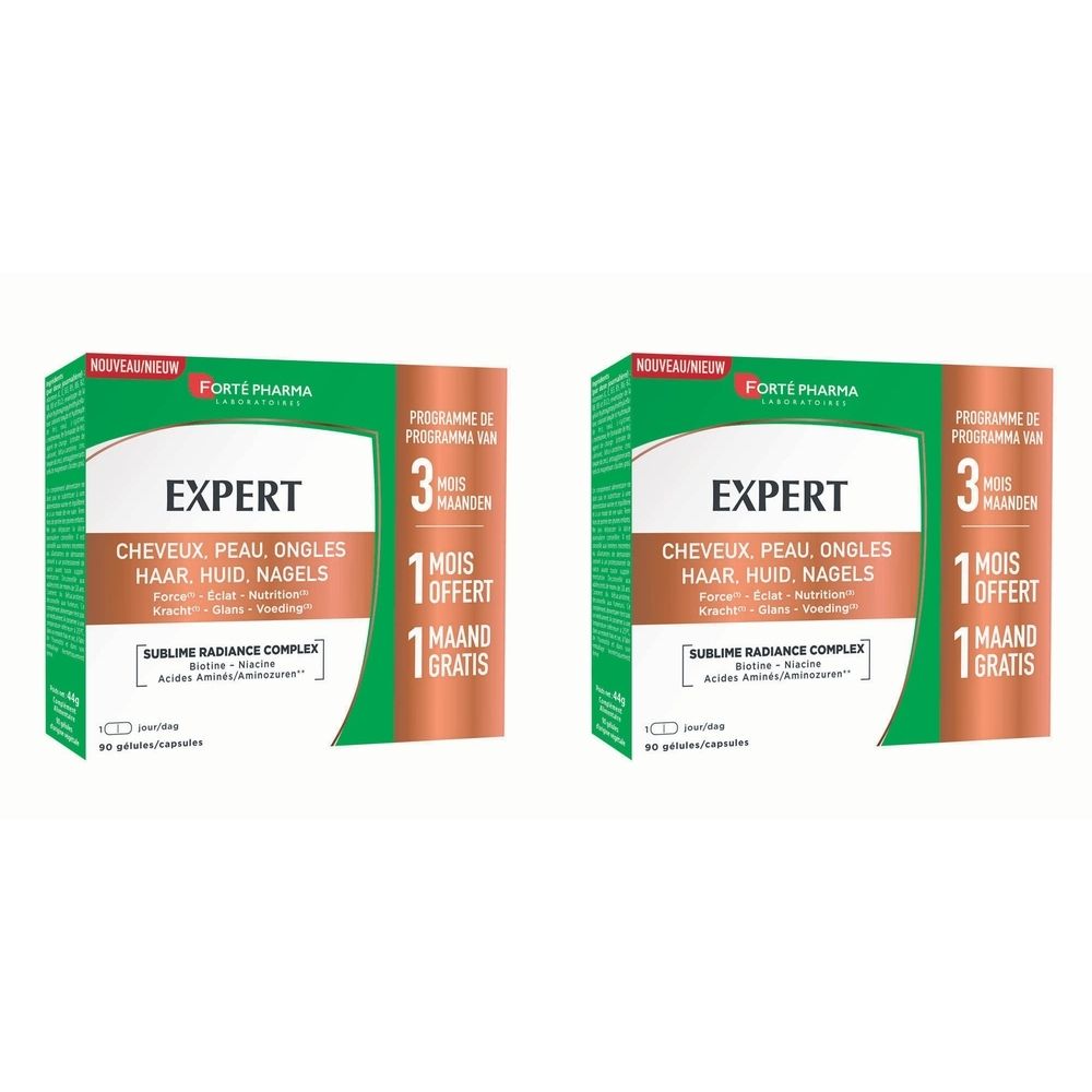 Twee dozen Forté Pharma Expert. Opschrift: Expert, haar, huid, nagels. 3 maanden programma, 1 maand gratis.