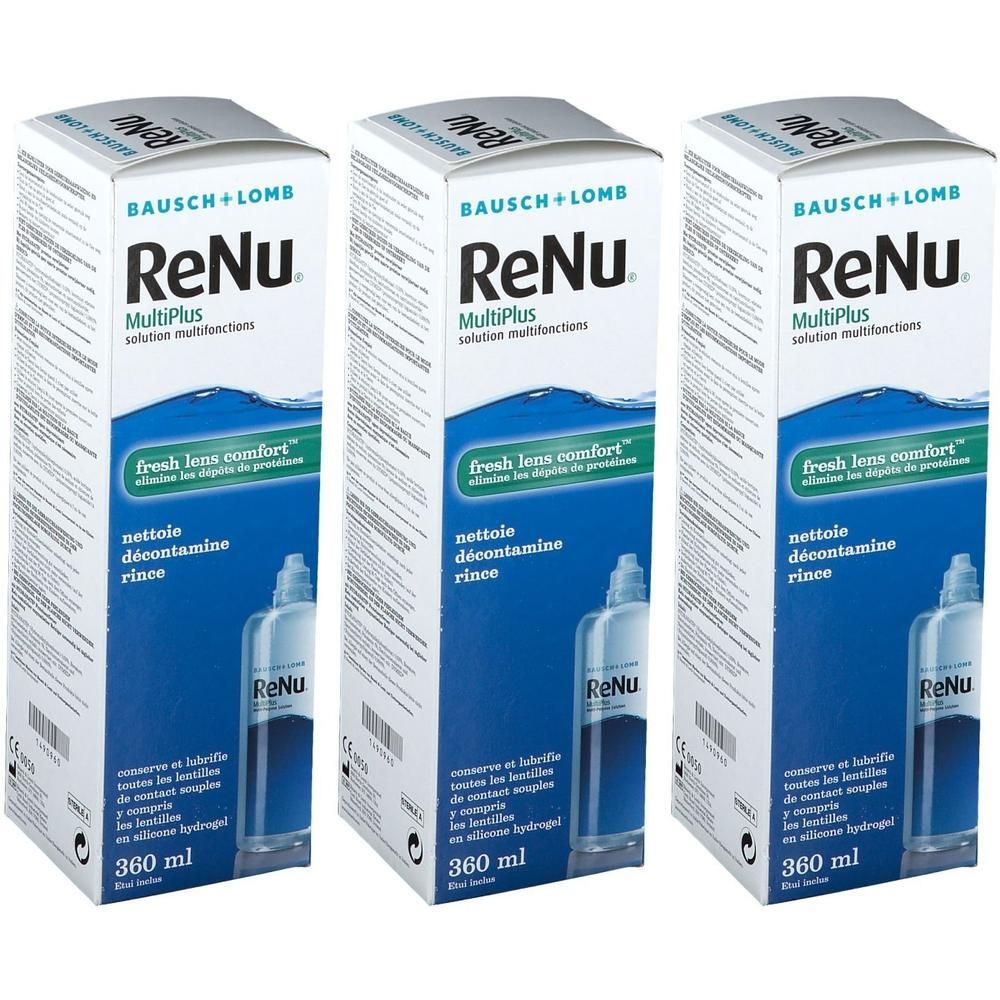 Drie dozen Bausch + Lomb ReNu MultiPlus. Blauw-witte verpakking. Fles-illustratie. Tekst: "fresh lens comfort".