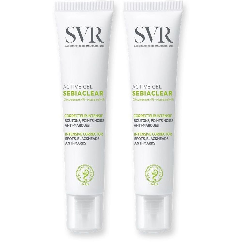 Twee tubes SVR Sebiaclear Active Gel. Witte tubes met groene en zwarte tekst. Opschrift: Active Gel, Correcteur Intensif, Anti-Marques.