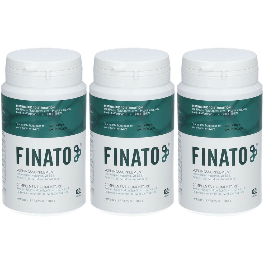 Trois flacons blancs Finato®. Inscription: Complément alimentaire, enrichi en oméga 3, vitamines et glucosamine.