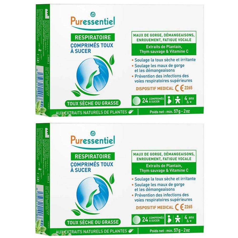 Twee verpakkingen met zuigtabletten. Opschrift: Puressentiel Respiratoire, 24 tabletten. Medisch hulpmiddel, CE-markering.