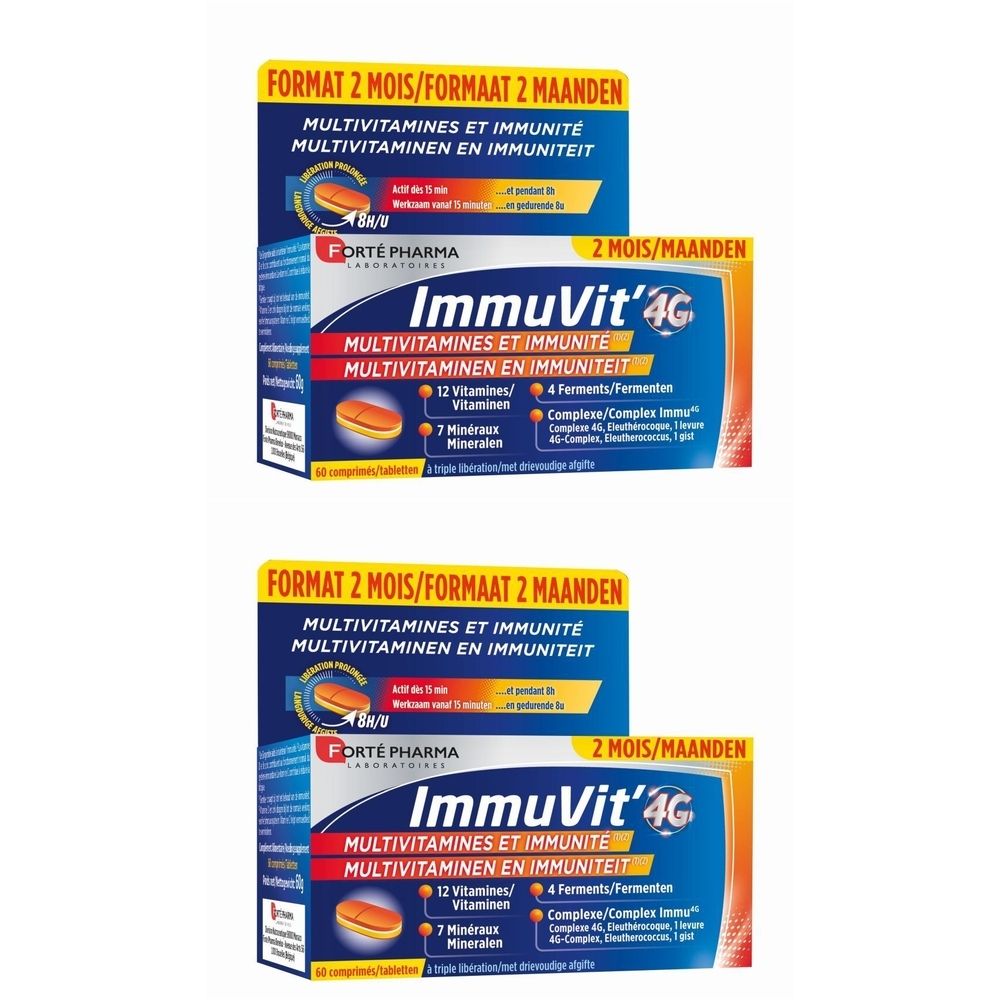 Twee dozen Immuvit 4G. Opschrift: Multivitaminen en immuniteit. Bevat 12 vitaminen, 4 fermenten en 7 mineralen. Merk: Forté Pharma.