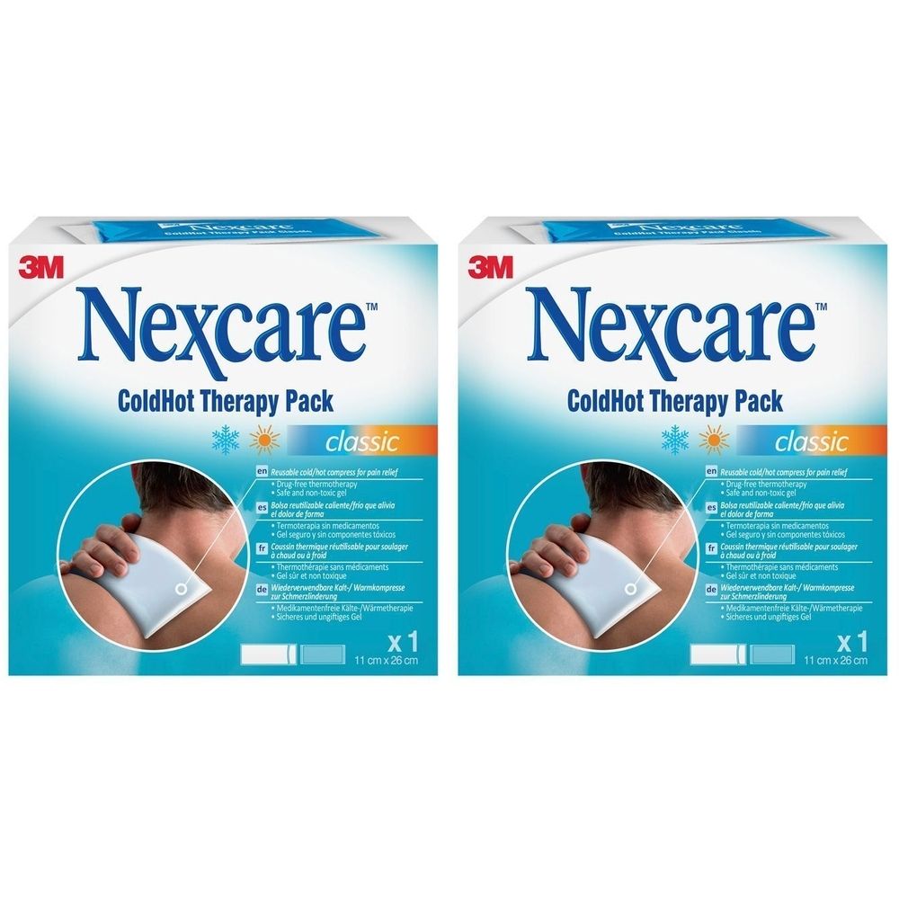 Deux boîtes de Nexcare ColdHot Therapy Pack. Emballage bleu avec nom du produit et illustration. Taille classique 26x11cm.