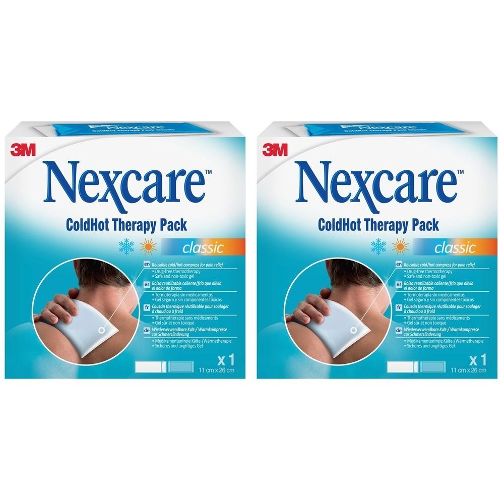 Twee dozen Nexcare ColdHot Therapy Pack. Blauwe verpakking met productnaam en afbeelding. Klassieke maat 26x11cm.