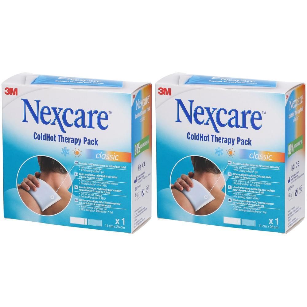 Twee verpakkingen Nexcare ColdHot Therapy Pack. Blauwe verpakking met productafbeelding en tekst. 3M logo linksboven.