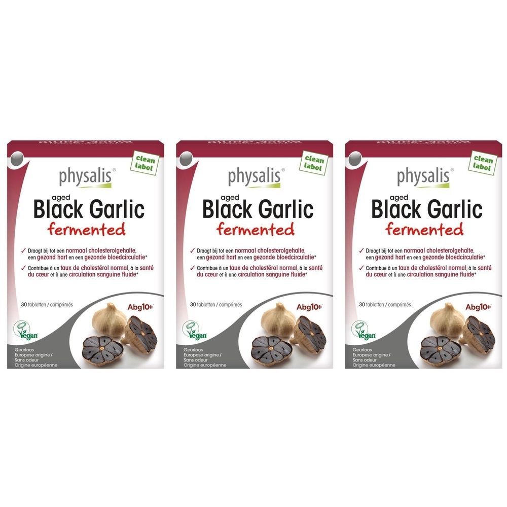 Trois boîtes de "physalis aged Black Garlic fermented". Chaque boîte présente des gousses d'ail et un label "clean label".