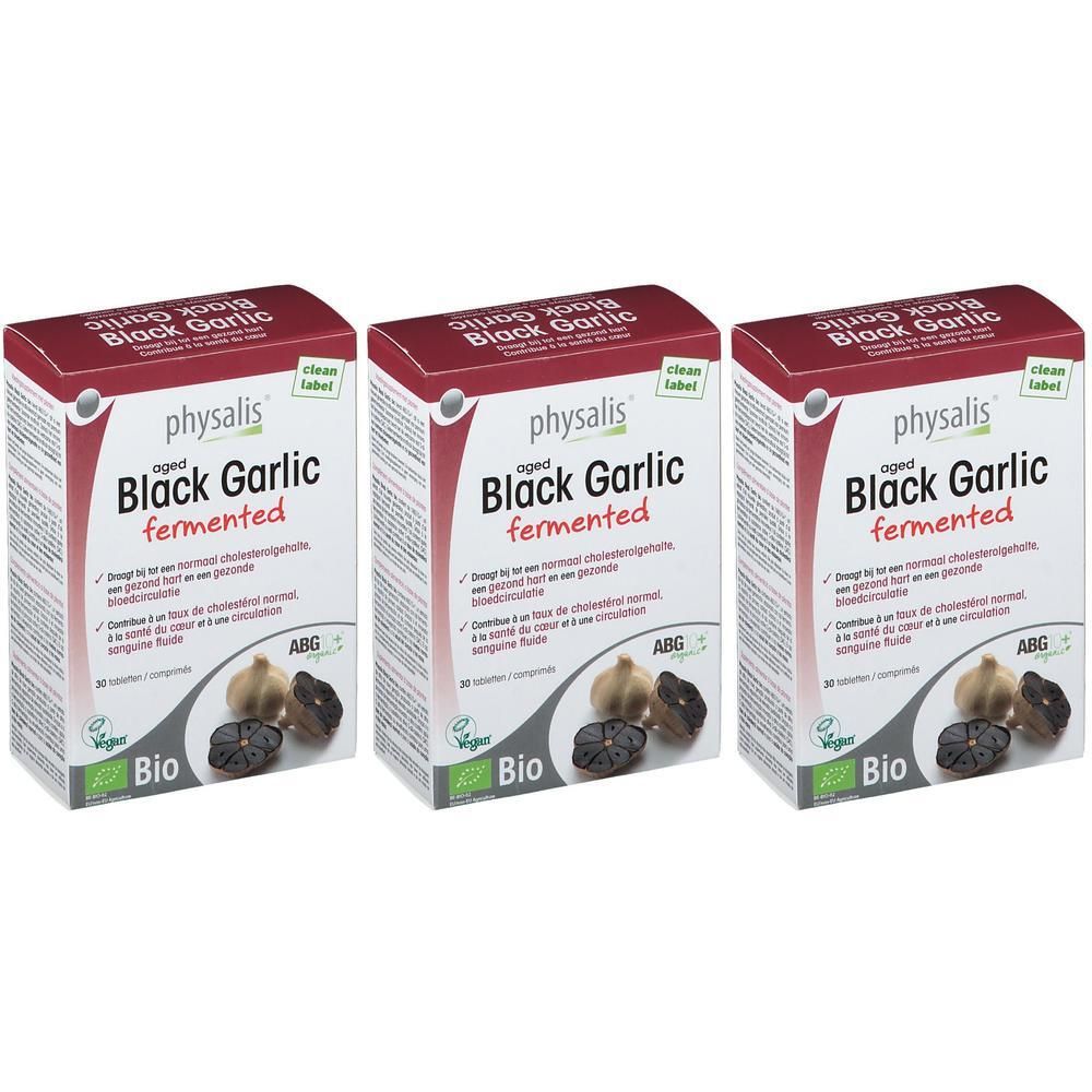 Drie verpakkingen physalis® Black Garlic fermented. Rode en witte verpakking met productafbeelding en tekst.