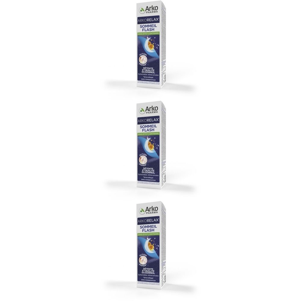 Trois boîtes verticales. Marque Arkorelax, Sleep Flash. Illustration lune et étoiles. Texte en blanc sur fond bleu et blanc.