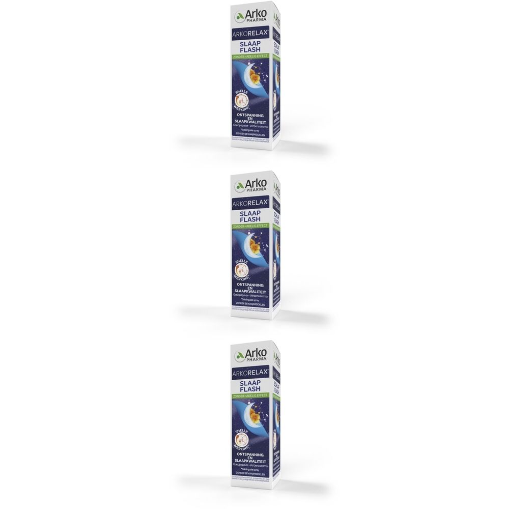 Drie verticale dozen. Merk Arkorelax, Sleep Flash. Illustratie maan en sterren. Witte tekst op blauwe en witte achtergrond.