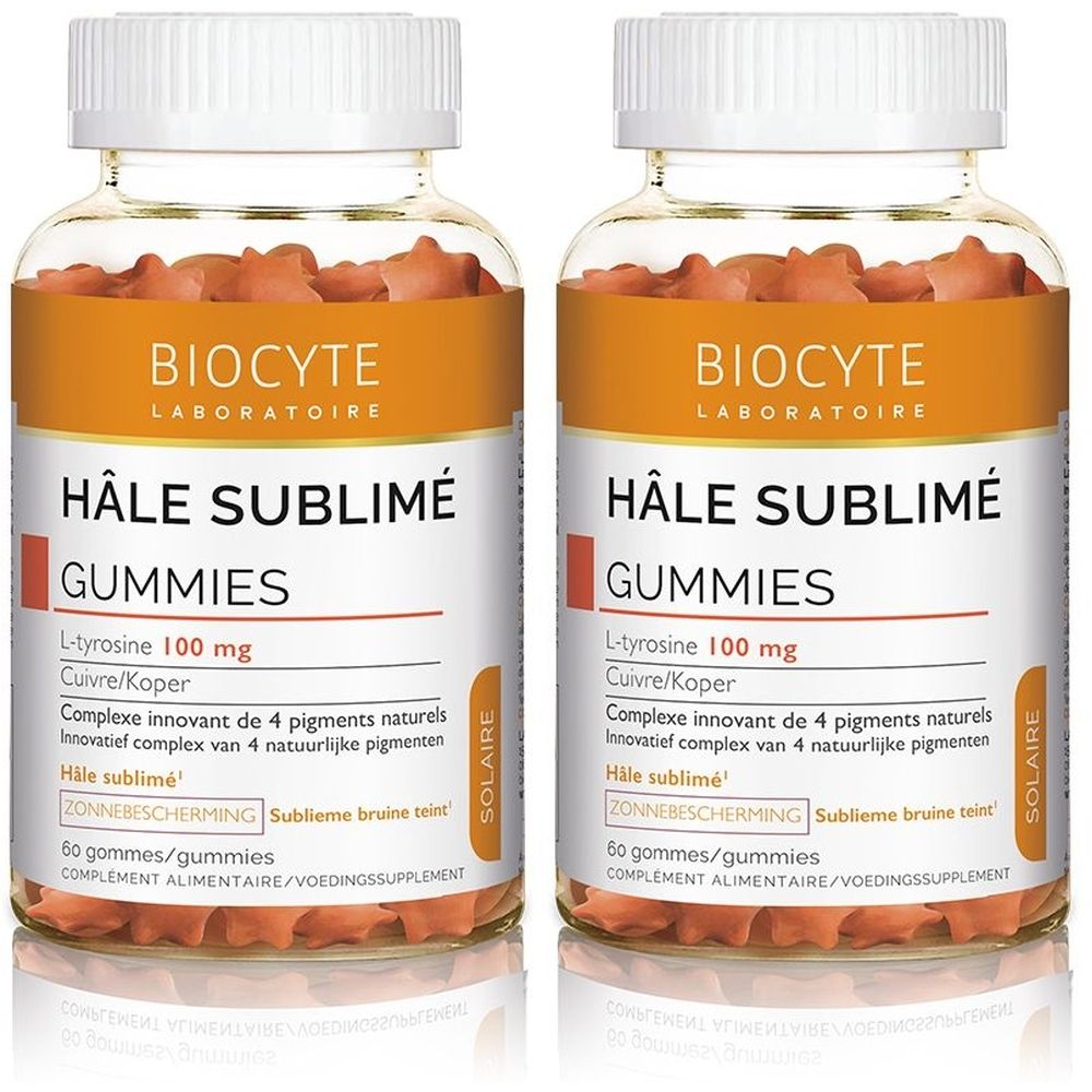 Deux flacons de Biocyte Hâle Sublimé Gummies. Bonbons gélifiés oranges visibles. Inscription : Hâle Sublimé, Gummies, L-tyrosine 100 mg.