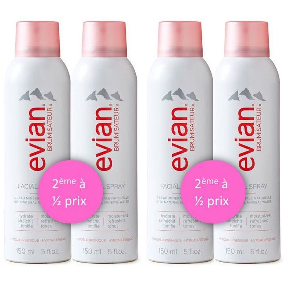 Quatre vaporisateurs Evian avec bouchons roses. Étiquette rose avec texte: 2ème à ½ prix.
