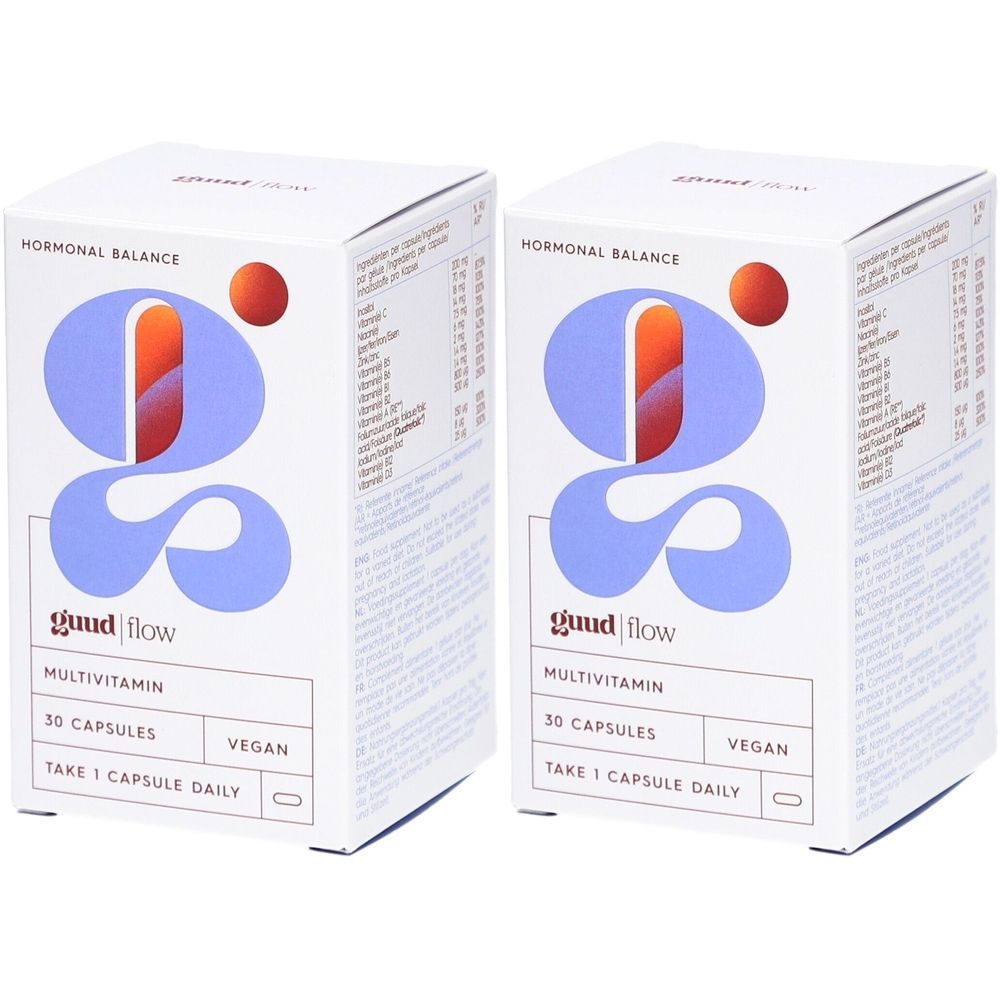 Twee witte dozen met "guud flow" logo en tekst "Multivitamin". 30 capsules, vegan. Hormonale balans.