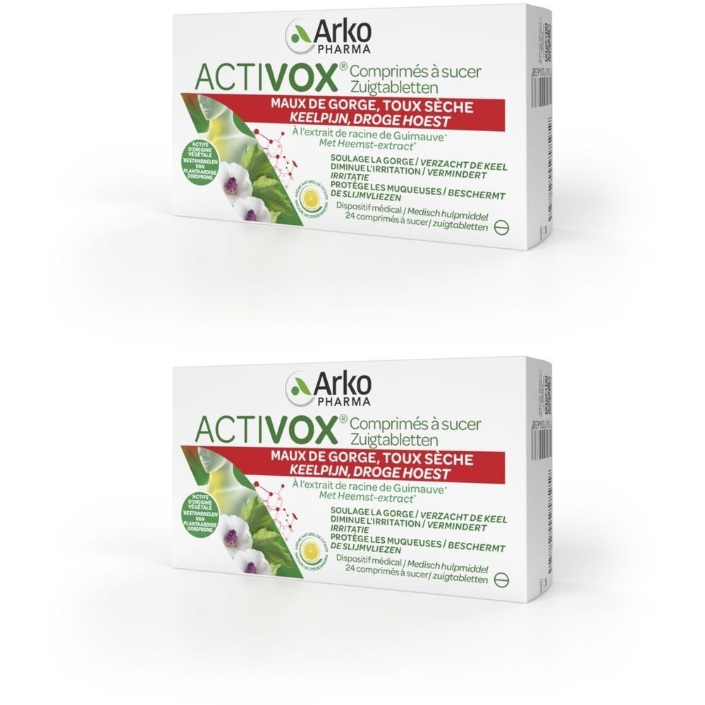 Deux boîtes blanches avec le texte ACTIVOX. Inscriptions en français et en néerlandais. Illustration de fleurs et de feuilles.