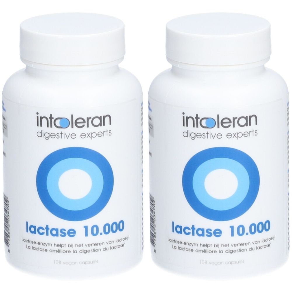 Twee witte flessen met blauwe cirkel. Opschrift: Intoleran, Lactase 10.000. Capsules.
