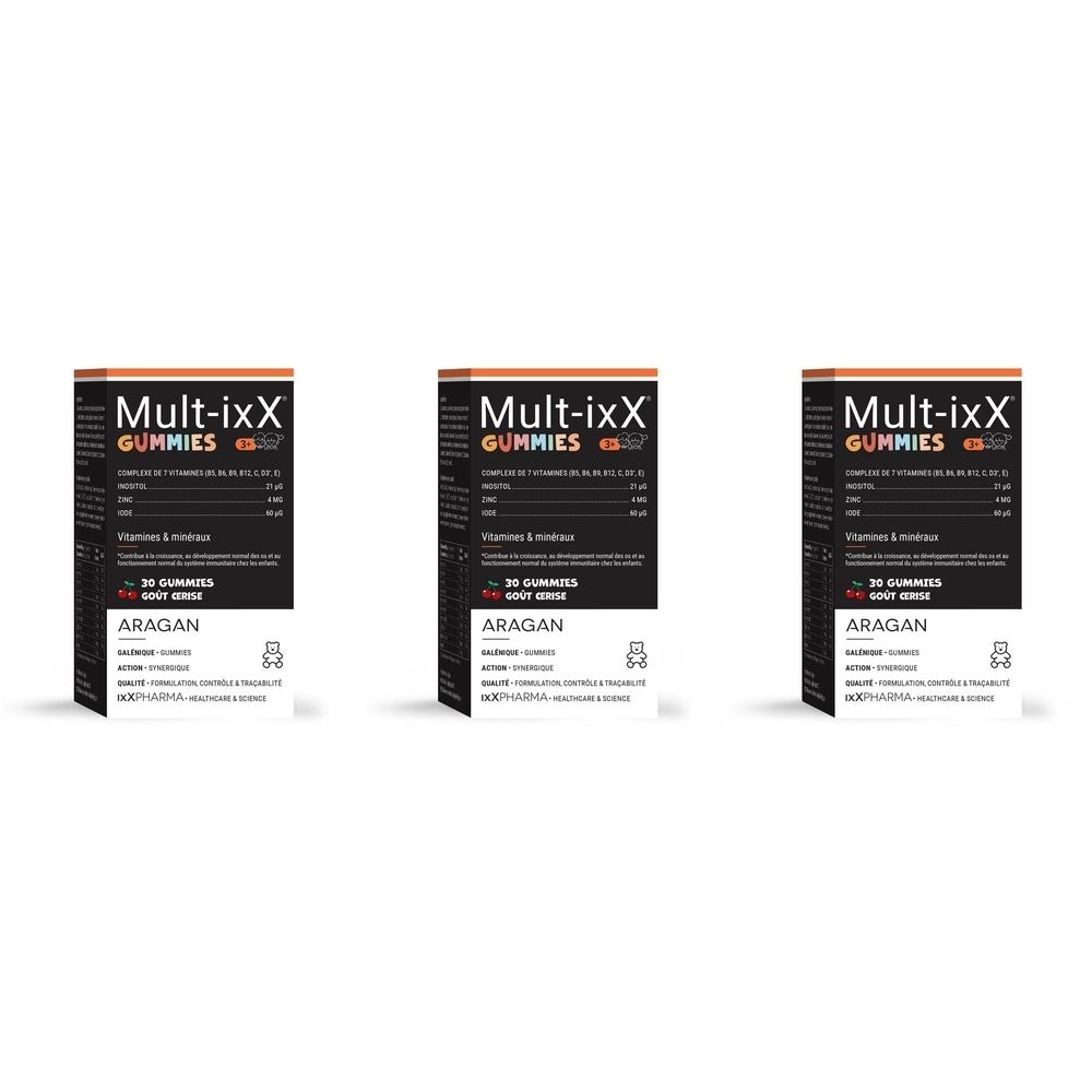 Trois boîtes de Mult-ixX GUMMIES. Texte noir sur fond blanc. Contient vitamines et minéraux. Marque ARAGAN.