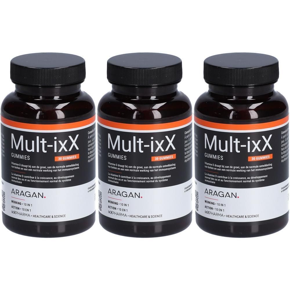 Drie flessen Mult-ixX Gummies. Zwarte doppen, etiket met productinformatie. Opschrift: Mult-ixX Gummies, 30 Gummies.