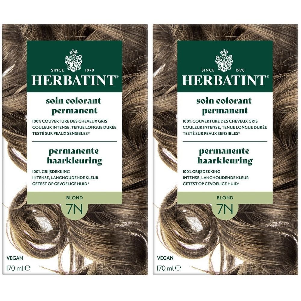 Deux boîtes de coloration capillaire Herbatint. Inscription: permanente haarkleuring, Blond 7N, vegan, 170 ml.
