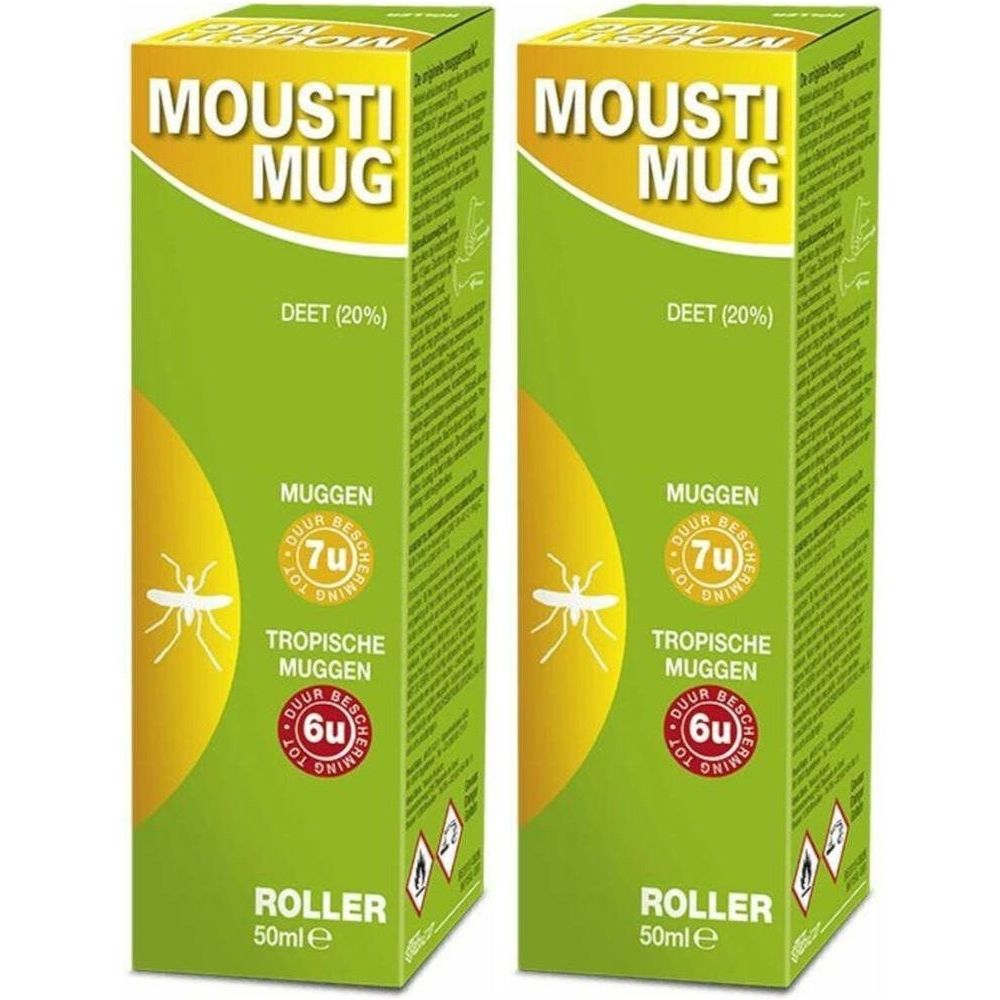 Deux boîtes vertes avec des accents jaunes. Inscription : MOUSTI MUG, DEET (20%), MUGGEN, TROPISCHE MUGGEN, ROLLER. 50ml.