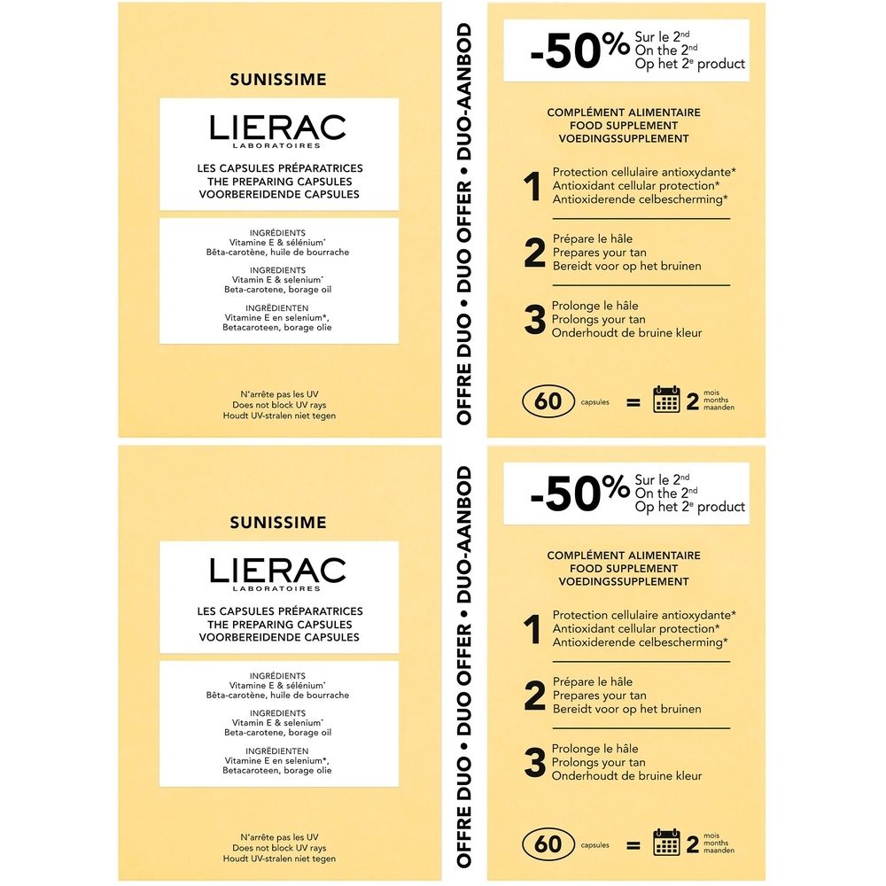Deux packs Lierac Sunissime Duo. Inscriptions : Sunissime, Lierac, capsules, -50% sur le 2ème produit.