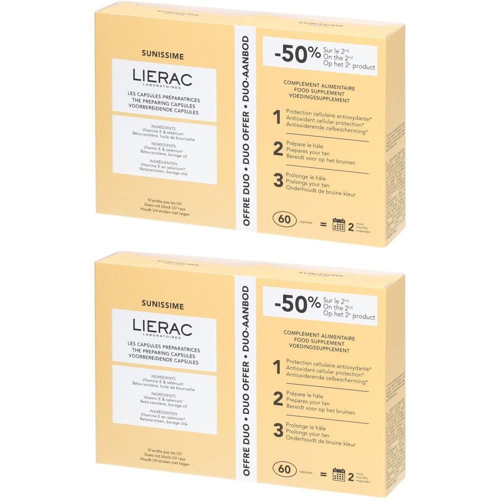 Twee dozen Lierac Sunissime Capsules. Gele verpakking met productnaam en details. Aanbieding: -50% op het 2e product.