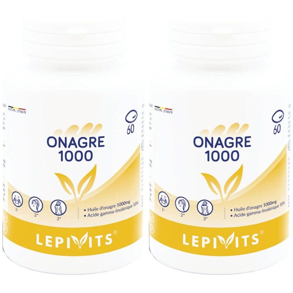 Deux flacons blancs avec étiquettes jaunes. Inscription : ONAGRE 1000, LEPIVITS. Contient 60 capsules. Nom du produit et ingrédients.