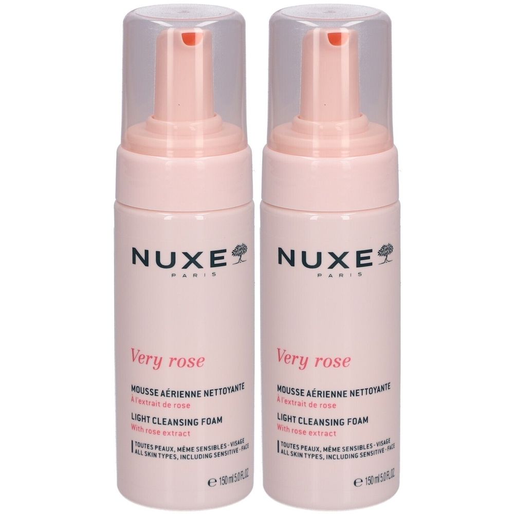 Deux flacons roses de Mousse nettoyante NUXE Very Rose. Avec pompe. Texte: Light Cleansing Foam, 150 ml.