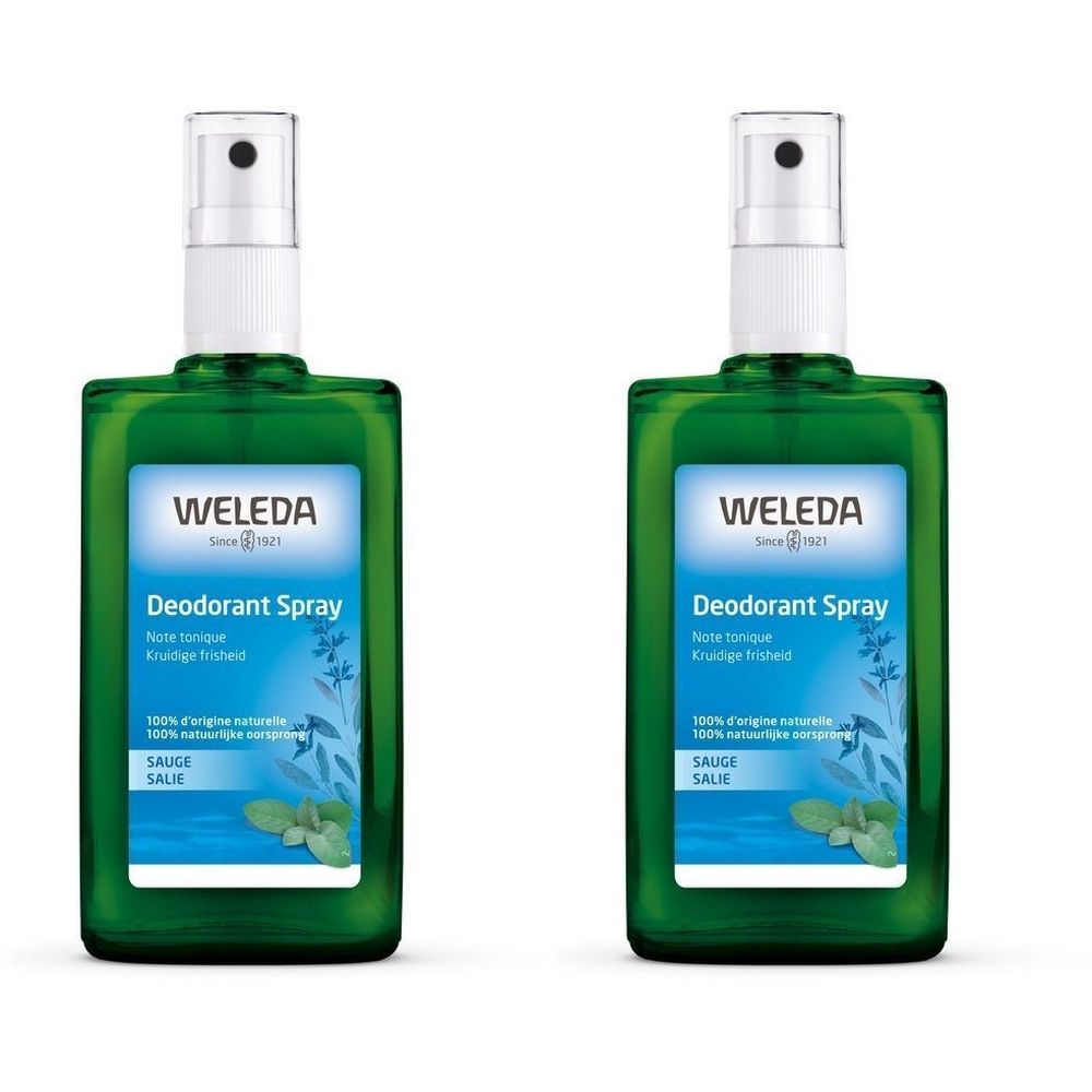 Deux flacons spray verts. Inscription: WELEDA, Déodorant Spray, Sauge. Design floral et texte: 100% d'origine naturelle.