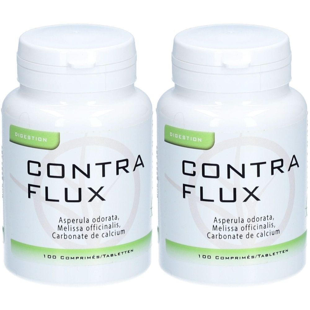 Twee witte tablettenflessen met CONTRA FLUX. Opschrift: Asperula odorata, Melissa officinalis, Calciumcarbonaat. 100 tabletten.