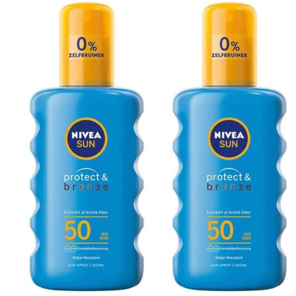 Twee blauwe zonnebrand sprays met gele doppen. Opschrift: NIVEA SUN protect & bronze, SPF 50. Bevat 0% zelfbruiner.