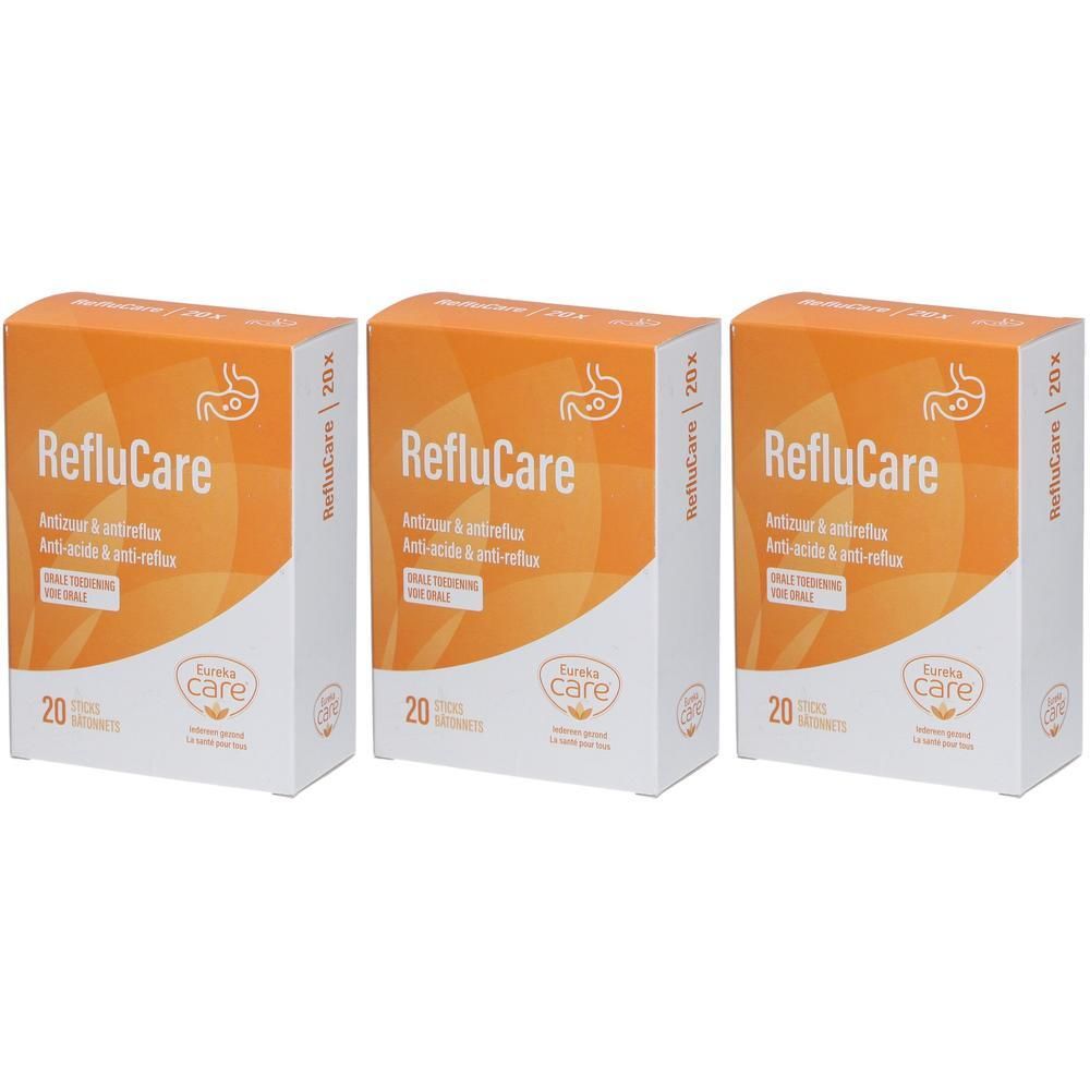 Drie pakken RefluCare, elk met 20 zakjes. Oranje verpakking met wit logo en tekst.