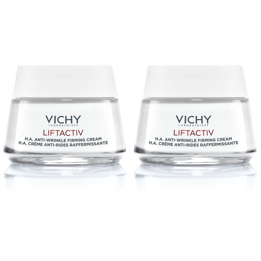Twee crèmetiegels met witte deksels en transparant glas. Opschrift: VICHY LIFTACTIV H.A. Anti-Wrinkle Firming Cream.